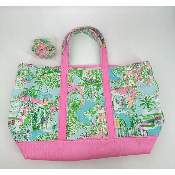 Lilly Pulitzer Palm Beach Mercato Tote Bag Large Canvas Free Hair Tie - Picture 1 of 8